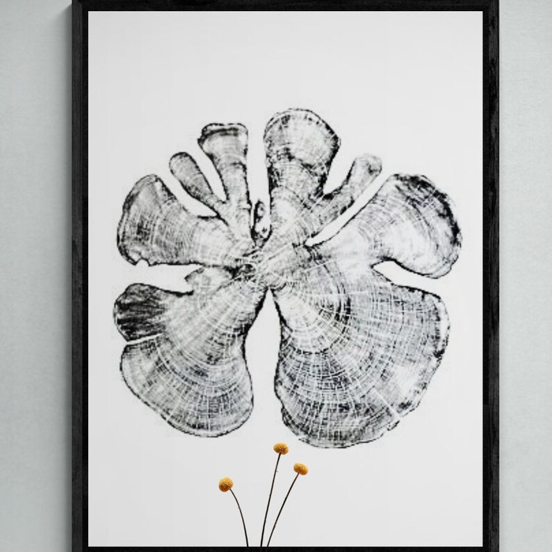 May include: Black and white print of a tree cross section with a flower motif. The print is framed in a black frame.