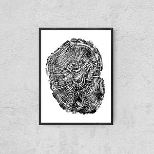 Gravure sur bois Original Of Trees, Botanical Tree Ring Print 18x24, Nature Prints Black And White, Wood Ring Wall Art