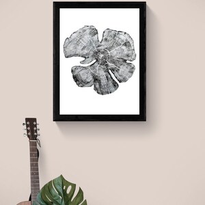 Träsnitt av enbärsträdsring, handgjord svartvit botanisk konst, minimalistisk väggdekoration av natur 18x24 bild 4