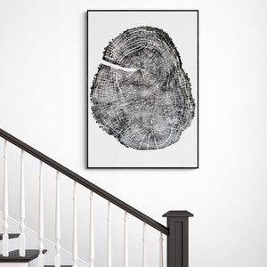 Impression de grands anneaux de frêne, Œuvre d’art originale pour bureau, Gravures sur bois minimalistes inspirées par la nature, Gravure sur bois d’anneau de souche d’arbre