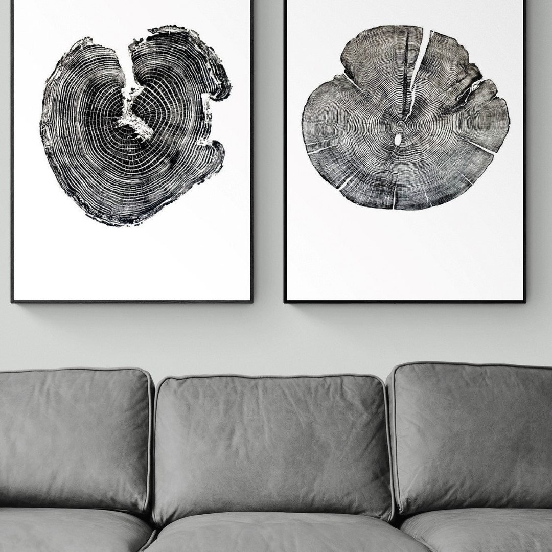 Rustic Tree Woodblock Acacia and Juniper Tree Ring Wall Art Set – Handmade Woodblock Prints ...