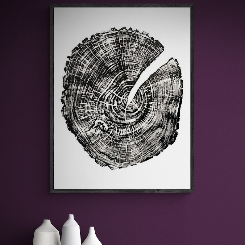 May include: Black and white print of a tree trunk cross section, showing the rings. The print is framed in a black frame.