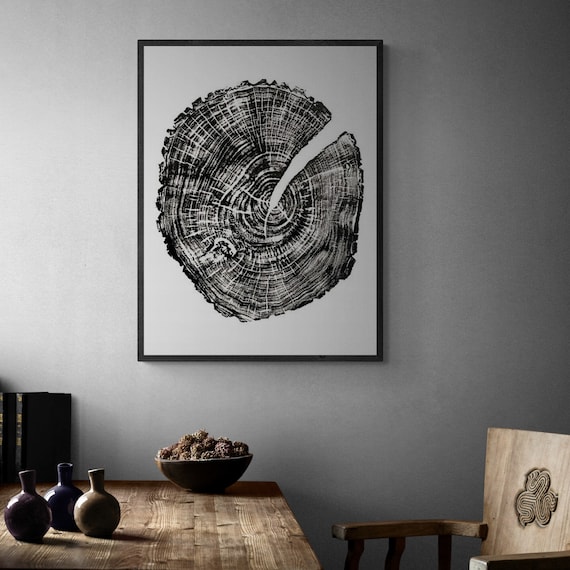 Walnut Tree Ring Woodblock Print, Botanical Nature Wall Art, Handmade Black and White 18x24 Archival Print