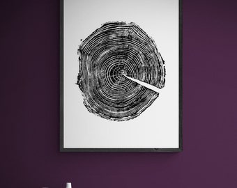 Mulberry Tree Ring Print, Handmade Botanical Linocut, Black and White 18x24 Nature Wall Art