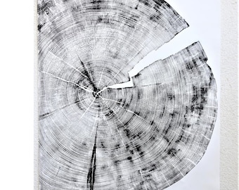 Large Tree Ring Linocut Print, Handmade Woodcut Wall Art, Modern Rustic Nature Decor