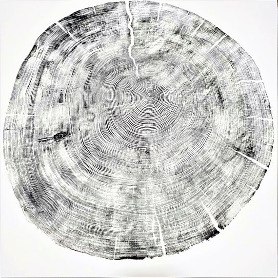 Large Cedar Tree Ring Wall Art – Handmade Woodcut Print – Modern Rustic Abstract Nature Decor