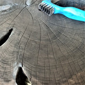 May include: Close-up of a dark wood surface with a blue and silver brush resting on it. The wood has a natural grain pattern and is likely a tree stump.