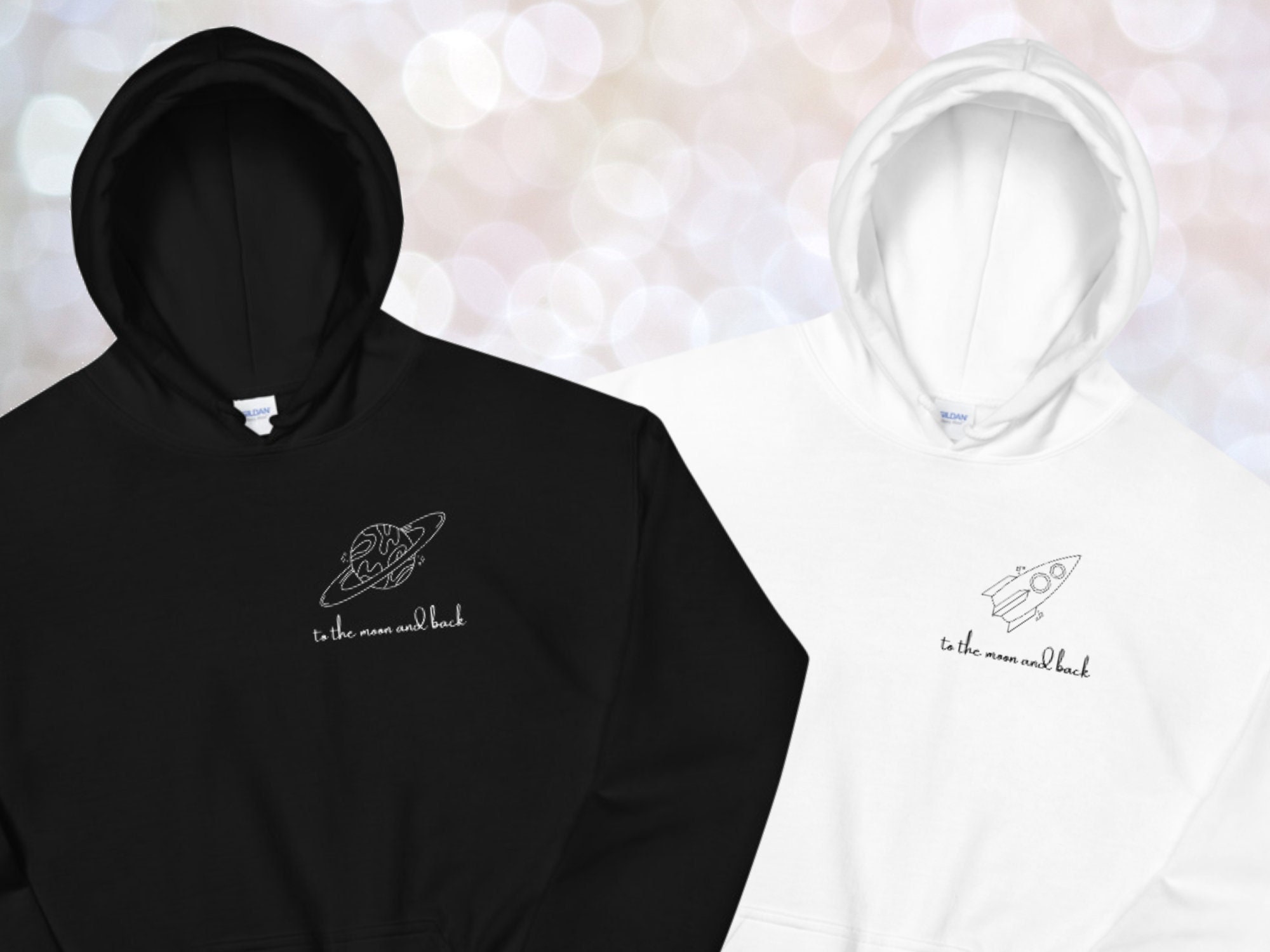 Couple Space Rocket and Moon Hoodies, Gift for Her and Him 