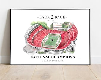 Puede incluir: Una ilustración de acuarela de un estadio de fútbol con el texto "Back 2 Back 2021-2022 National Champions Georgia Bulldogs".