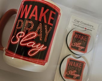 Wake Pray Slay Mug Set: Inspirational Coffee Mug and Coasters