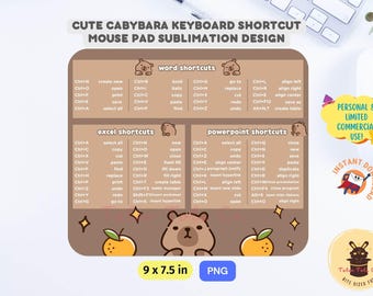 Cute Capybara Words, Excel, and Powerpoint Shortcut Keys for Windows Productivity Mousepad Png Sublimation Design