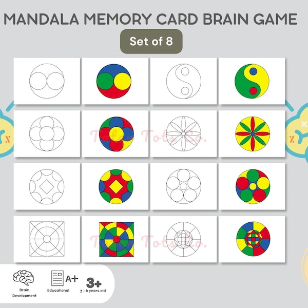 Printable Mandala Photographic Memory Card Game - Brain and Attention Training | Set of 8 Puzzles Instant Download PDF