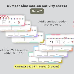 Peut inclure: Deux feuilles d'activités de ligne numérique imprimables pour les enfants. Les feuilles présentent des lignes numériques colorées avec des problèmes d'addition et de soustraction. Les feuilles sont conçues pour les enfants apprenant les mathématiques de 0 à 10 et de 0 à 20. Les feuilles sont au format A4/Lettre et sont découpées en 2-en-1 (4 pages).