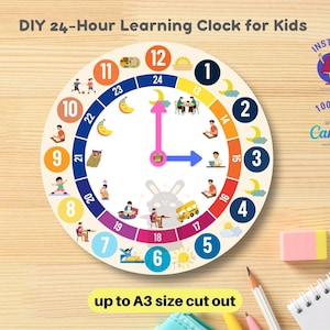 Può includere: Un orologio didattico fai-da-te di 24 ore per bambini con numeri colorati da 1 a 24, illustrazioni di attività quotidiane e lancette rosa e blu. Il design include il testo DIY 24-Hour Learning Clock for Kids e up to A3 size cut out.