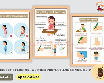 Correct Standing and Writing Posture, How to hold a pen and Pencil Grip Set of 3 Infographic Study Guide Instant Download (PDF)