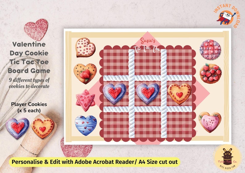 Personalized Valentine Cookies Tic Tac Toe Printable Board Game Decorative Pretend Play Tray Instant Download