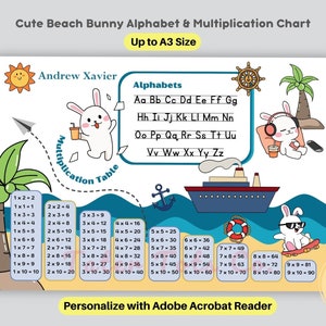Spersonalizowana letnia plażowa tabela matematyczna dla króliczków - śledzenie alfabetu i tabliczka mnożenia dla klas 1-3 - natychmiastowe pobranie pliku PDF
