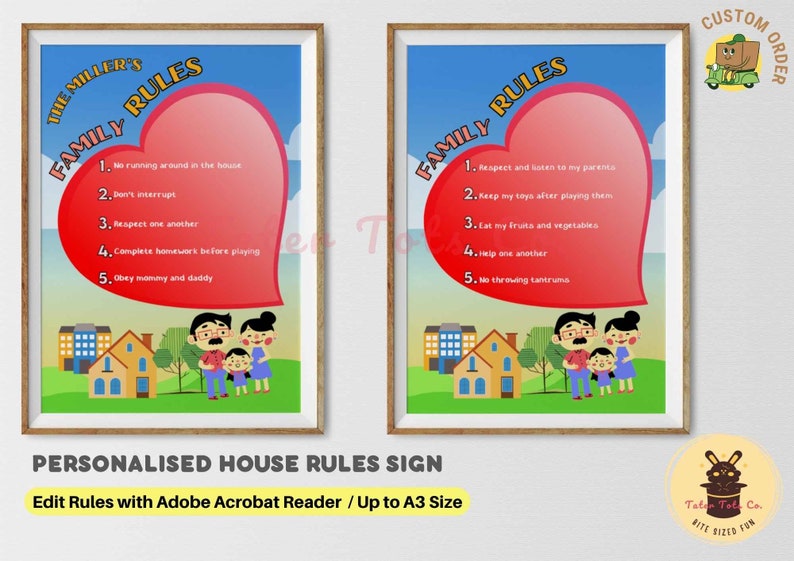 Family rules house rules sign editable template Big Heart