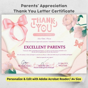 Carta de agradecimiento para padres y certificado de reconocimiento para docentes: descarga instantánea en formato PDF personalizado y editable.
