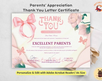 Parents Appreciation Thank You Letter and Awards Certificate for School Teachers - Instant Download Personalized Editable PDF