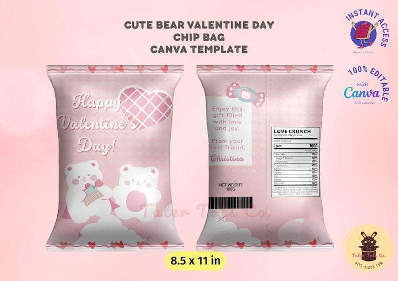 Printable Cute Bear Valentine's Day Chip Bag Canva Template | Fully Editable Gift Pack Label Instant Access