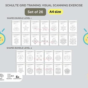 Może przedstawiać: Zestaw 26 drukowanych siatek Schulte do treningu skanowania wzrokowego. Siatki przedstawiają różne kształty w czerni i bieli, podzielone na dwa poziomy trudności. Siatki są przeznaczone dla dzieci w wieku od 5 lat i są idealne do poprawy koncentracji, szybkości czytania i rozwoju mózgu. Siatki mają format A4.