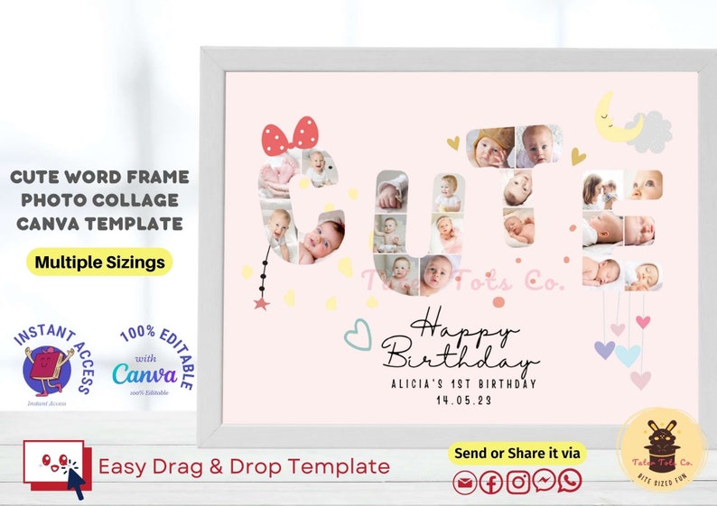 Cute Word Photo Collage Frame, Bubble Font Art Picture Sign Fully Editable Canva Template Instant Access