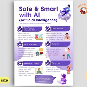 Könnte beinhalten: Ein Poster mit dem Titel „Safe & Smart with AI (Artificial Intelligence)“ mit lila und blauen Grafiken. Es gibt Tipps zur sicheren Verwendung von KI, einschließlich des Schutzes persönlicher Daten und der Überprüfung von Fakten. Das Poster ist bis zu A2-Größe erhältlich.