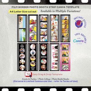 Film Border Photo Booth Strip Pic Collage Película Reel Fotografía Plantillas Canva tamaño A4 y Carta Acceso instantáneo
