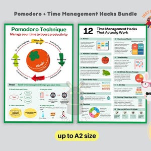 Pomodorotechniek + 12 timemanagementhacks | Bundel met afdrukbare productiviteitsinfographic pdf, direct downloaden