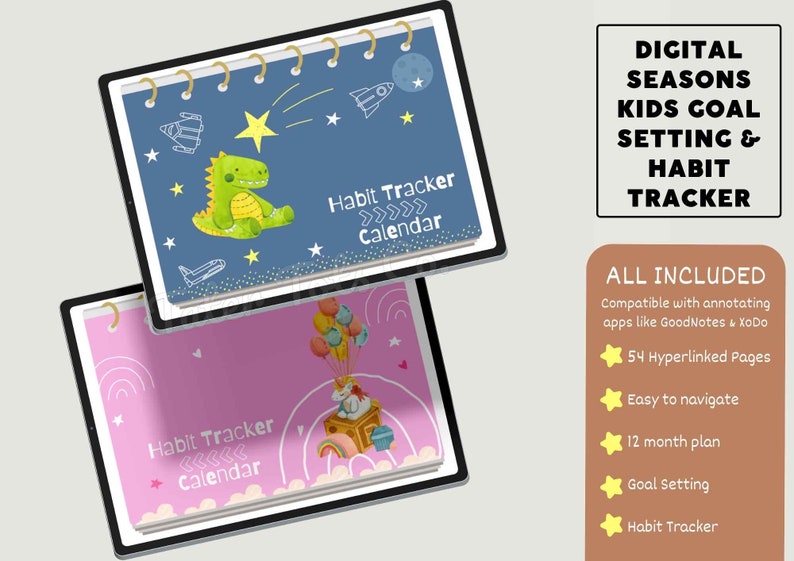Digital Habit Tracker and Planner for Kids chores, Goal Setting and Seasonal undated 12 month calendar PDF