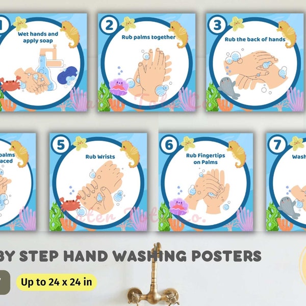 7 Step Wash hands sign for Preschool Toilet Training and Instructions Sea Creatures Theme Instant Download (PDF)