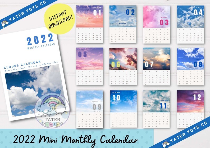 This is a 2022 Mini Calendar for desk, wall, and school titled "Clouds Calendar". This pocket-sized calendar is convenient to bring around or display in a room as a wall or desk calendar. It is suitable for both kids and adults with cute animals doing various activities throughout the year and seasons. Use it to plan important dates or as classroom decoration or kids' room decoration. 2022 desk calendar || 2022 calendar for kids || calendar minimalist || minimalist calendar 2022 printable