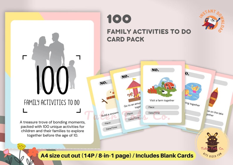 Printable 100 Activities to do with Family Bucket List To-Do Kid Activities Checklist Cards Easy Cut Instant Download PDF