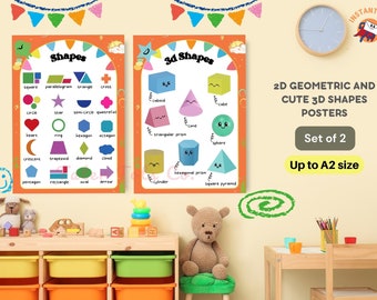 Preschool 2D Geometric and Cute 3D Shapes Educational Posters for Homeschool or Classroom use | Instant Download PDF