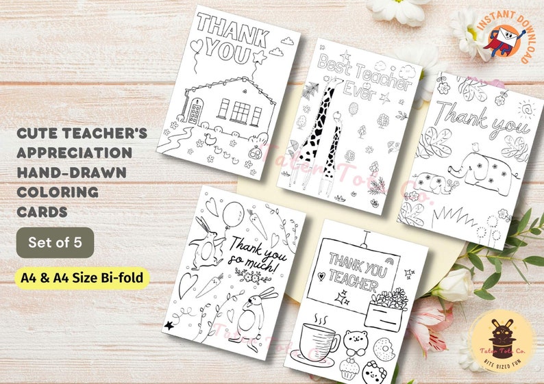 Teacher’s Day Coloring Cards & Pages Bundle Cute Animal Doodles, Appreciation and Preschool Gift Instant Download PDF