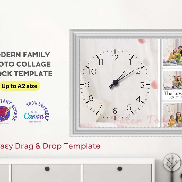 Modern Elegant DIY Clock Face with Family Photo Collage up to A2 size - Fully Editable Easy Drag and Drop Canva Template Instant Access