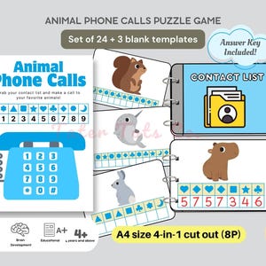 以下が含まれることがあります： 青い電話と動物のイラストが描かれた、子供向けの印刷可能なパズルゲーム。ゲームには、動物の写真が描かれたカードが24枚と、記号と数字が書かれた連絡先リストが含まれています。このゲームは4歳以上のお子様向けに設計されており、教育的で楽しいです。