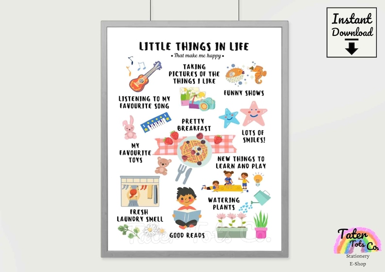 Words of affirmation Little things in life that make me happy poster, Kids Playroom Wall Art Instant Download (PDF)