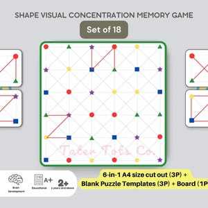 May include: A visual concentration memory game set with a green-bordered square grid and smaller cards. The game features colorful shapes and lines, with the text "Shape Visual Concentration Memory Game" and "Set of 18". Includes "Hand Eye Coordination" and "Brain Development" icons.