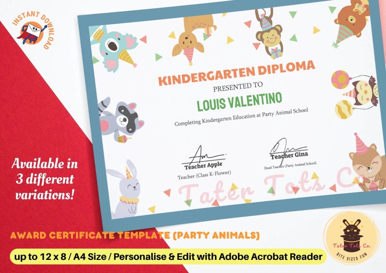 Award templates, reward card, preschool diploma certificate, school daycare supplies 4 x 6 Party Forest Animals Editable PDF