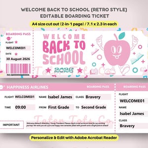 Willkommen zurück in der Schule bearbeitbare Bordkarte - Pink Retro Groovy Apple Pass für den ersten Schultag des Schülers - Sofortiger Download PDF