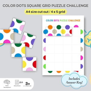 May include: A printable color dot puzzle challenge for kids. The puzzle includes a 4x5 grid and 5 colorful square pieces with different colored dots. The puzzle is designed for children ages 3 and up and includes an answer key.