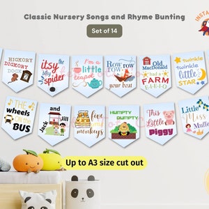May include: A set of 14 printable nursery rhyme bunting flags. Each flag features a different nursery rhyme with illustrations. The flags are blue with white borders and are designed to be cut out and strung together. The text on the flags includes: "Baa Baa Black Sheep", "Hickory Dickory Dock", "Itsy Bitsy Spider", "I'm a Little Teapot", "Row Row Row Your Boat", "Old MacDonald Had a Farm", "Twinkle Twinkle Little Star", "Rub-a-Dub-Dub", "The Wheels on the Bus", "Jack and Jill", "Five Little Monkeys", "Humpty Dumpty", "This Little Piggy", and "Little Miss Muffet".