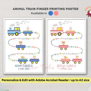 Tren Choo Choo personalizado con huellas dactilares para cumpleaños o actividad preescolar. Descarga instantánea en PDF.