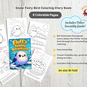 Fluff’s Snowy Adventures: Shima Enaga Schneefee Malbuch für Kinder (druckbares PDF-Format A4, Instant Download)