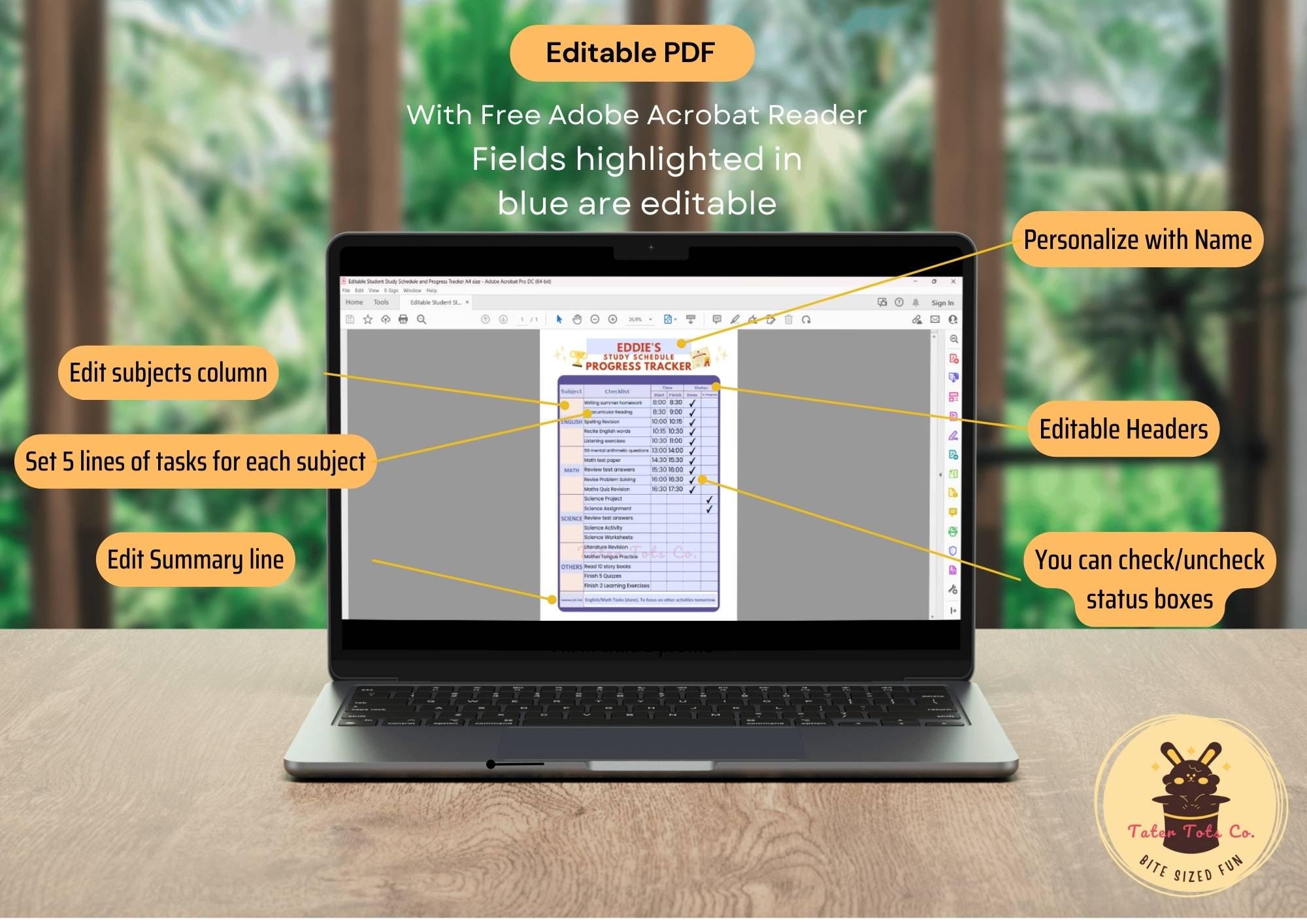 Personalized Editable Study Time Schedule, Task Progress Tracker, and ...