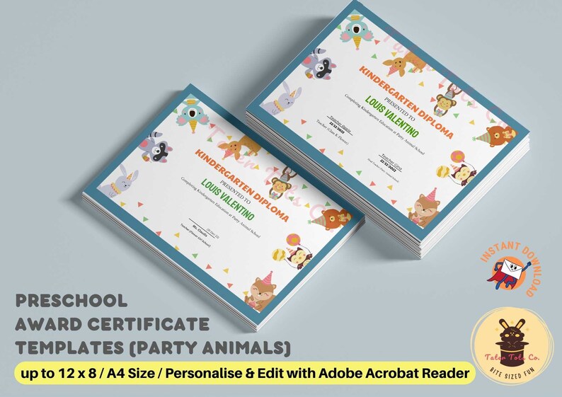 Award templates, reward card, preschool diploma certificate, school daycare supplies 4 x 6 Party Forest Animals Editable PDF