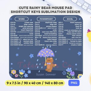 Lindo oso lluvioso (azul) Diseño de alfombrilla de ratón de productividad Words, Excel y PowerPoint Teclas de acceso directo para Windows Descarga instantánea PNG