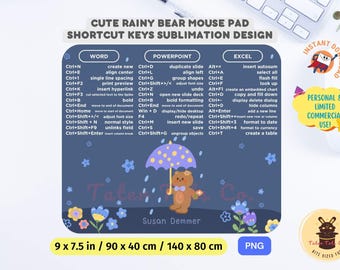 Cute Rainy Bear (Blue) Productivity Mousepad Design Words, Excel, and Powerpoint Shortcut Keys for Windows Instant Download PNG